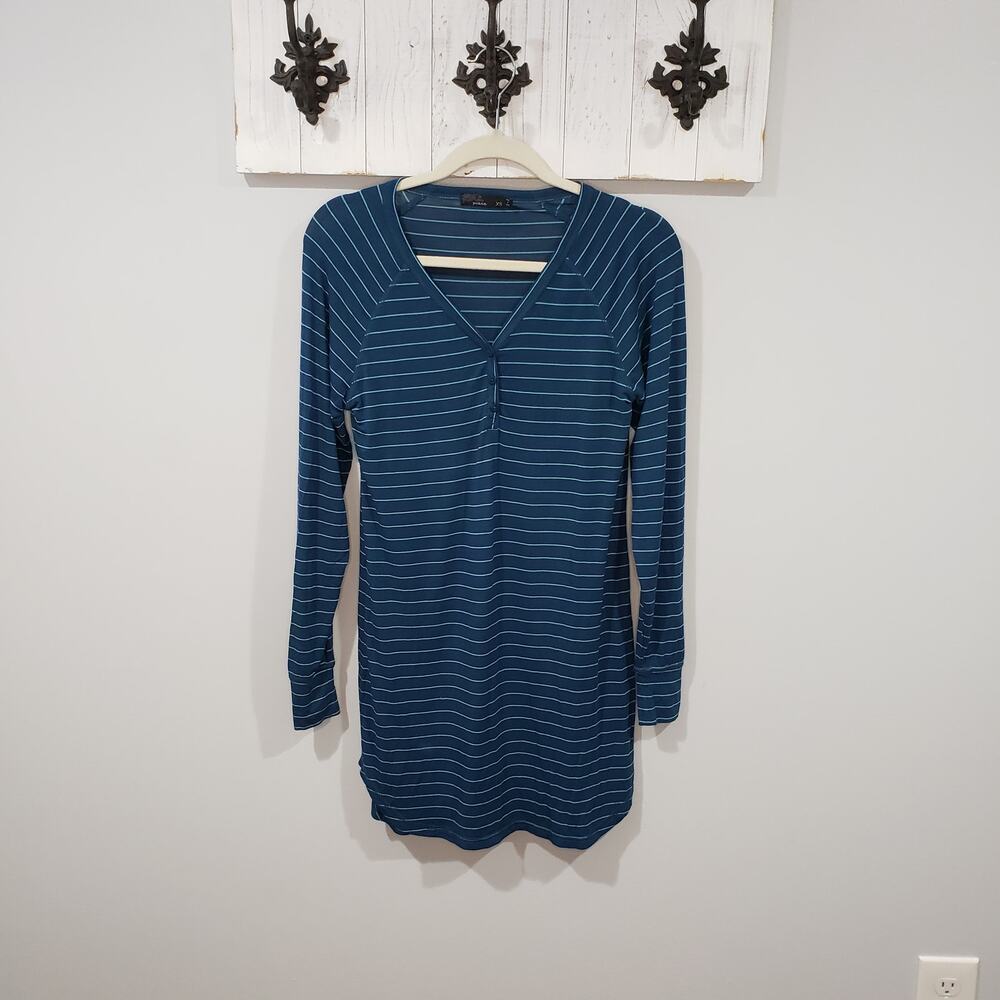 prAna Striped Henley Shift Dress Blue Teal Long Sleeve XS